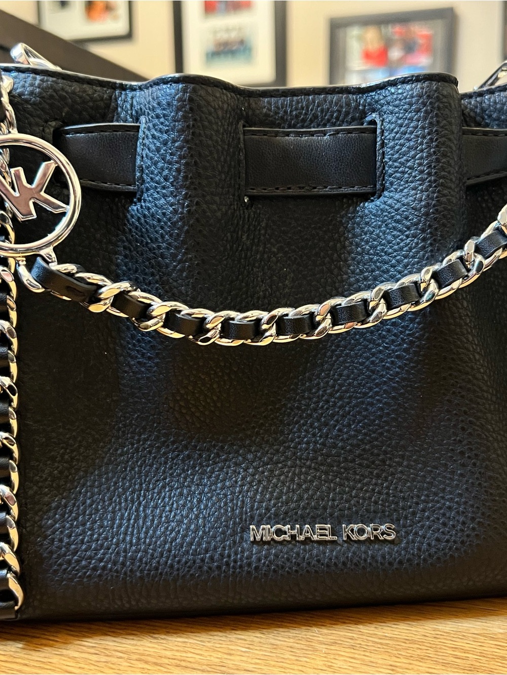 Michael Kors Black Pebbled Leather Chain Shoulder Bag with Silver Hardware